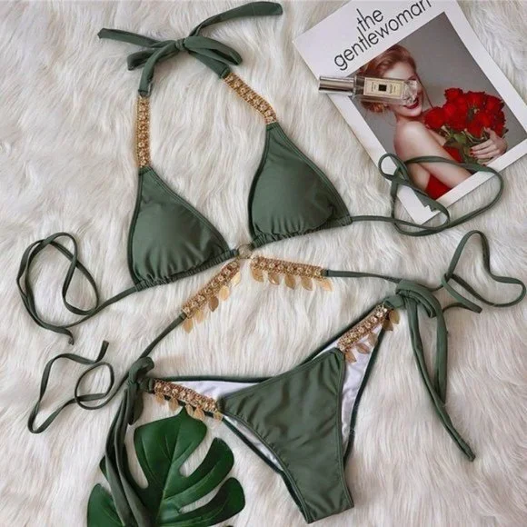 Callie Sage: Dangling Leaves & Rhinestone Scrunch Butt Green Triangle Bikini L - Picture 3 of 8